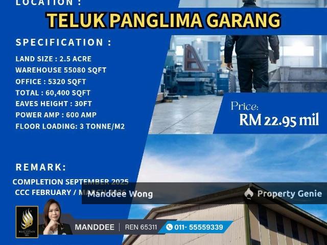 WTS/WAREHOUSE/FACTORY/55,080 SQFT/22.95 MIL/TELUK PANGLIMA GARANG