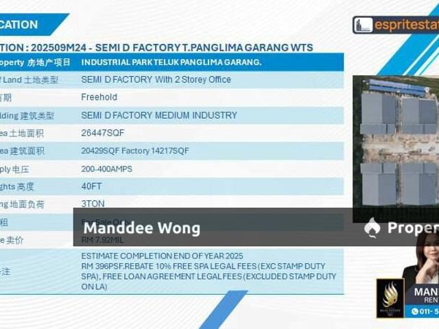 WTS/BRAND NEW SEMI D FACTORY/20,429 SQFT/7.92 MIL/TELUK PANGLIMA GARANG