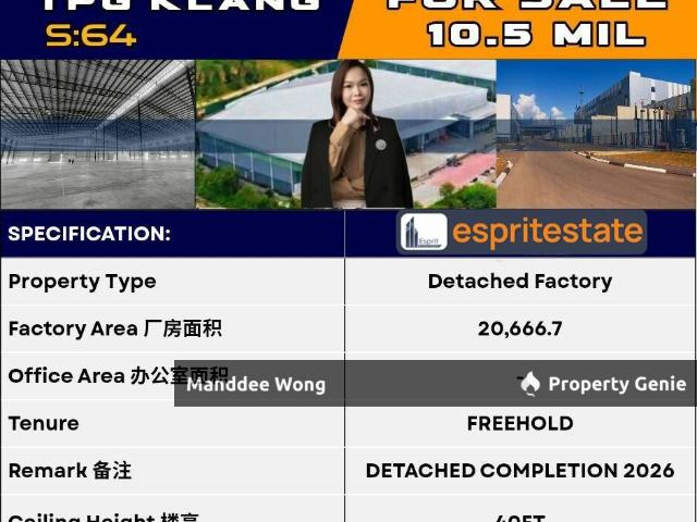 WTS/DETACHED FACTORY/20,667 SQFT/10.5MIL/TELUK PANGLIMA GARANG/KLANG