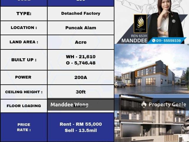 WTS/DETACHED FACTORY/27,358 SQFT/13.5MIL/PUNCAK ALAM/SELANGOR/