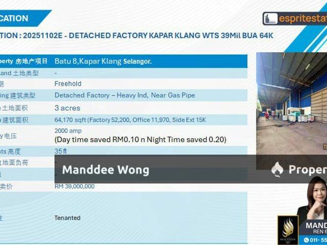 WTS/DETACHED FACTORY/64,170 SQFT/39MIL/KAPAR/KLANG