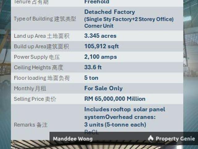 WTS/DETACHED FACTORY CORNER UNIT /105,912 SQFT/65MIL/TAMAN PERINDUSTRIAN PUCHONG