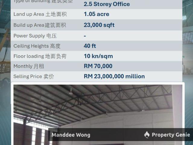 WTS/DETACHED FACTORY WITH 2.5 STOREY OFFICE/23K SQFT/23 MIL/PUCHONG/SELANGOR