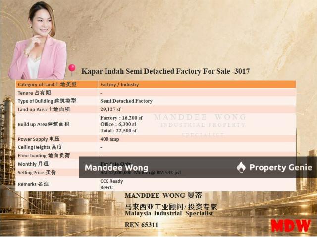 WTS/SEMI D FACTORY/22,500 SQFT/KAPAR INDAH/KLANG/SELANGOR