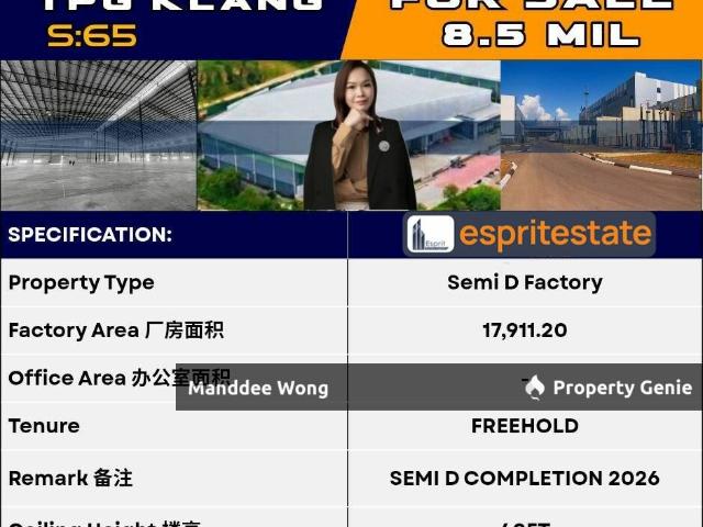 WTS/SEMI DETACHED FACTORY/17,911.2 SQFT/8.5MIL/TELUK PANGLIMA GARANG/KLANG