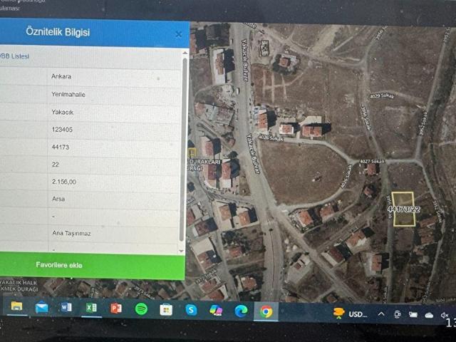 YENİMAHALLE YAKACIK ARSA TOPLAM 2.156 M2 HİSSE 460 M2 SATILIK
