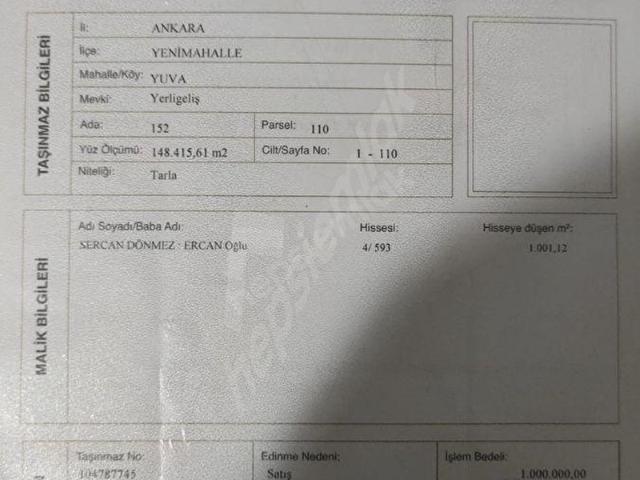 YENİMAHALLE YUVA DA HİSSELİ 1000 m SATILIK