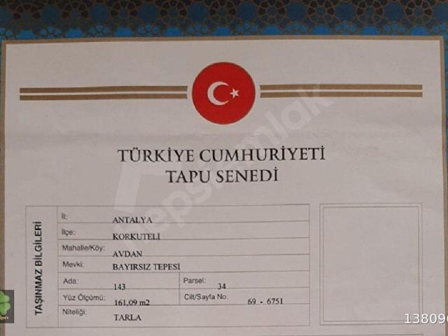 Yeni yolun üstünde AVDAN mah. Korkuteli Ev yeri 161 MT Tapulu