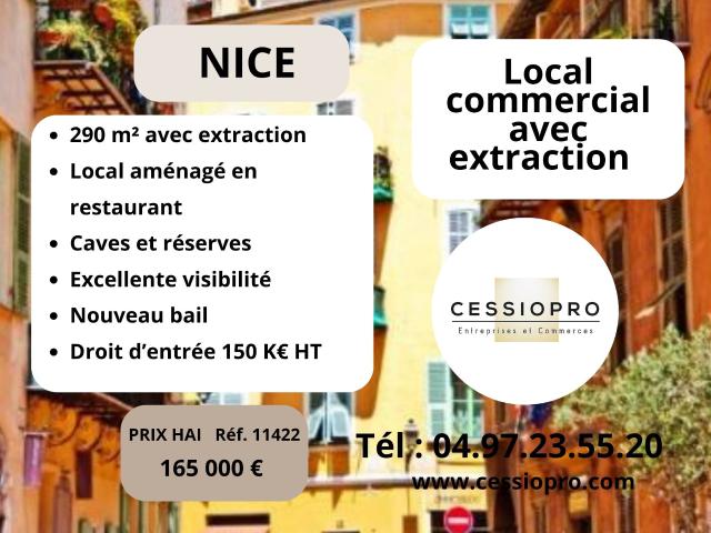 À CÉDER Local commercial 290 m2 avec extraction aménagé en restaurant Emplacement premium à Nice
