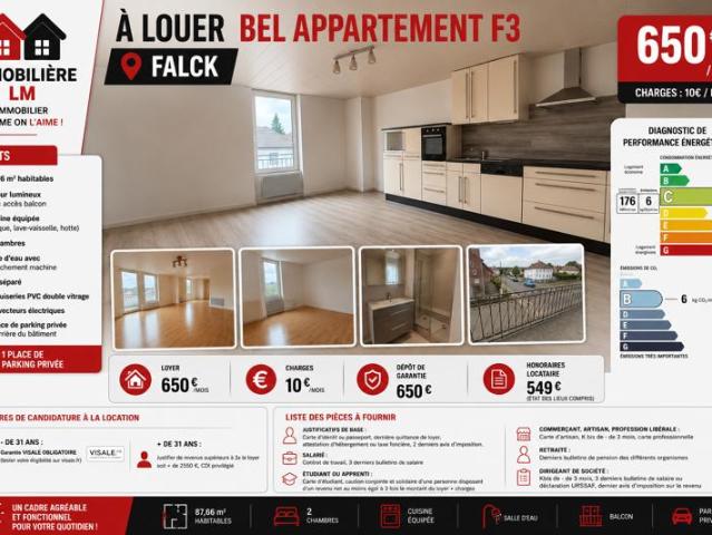 A louer appartement de type F3 à Falck Loyer 650EUR + 10EUR de c