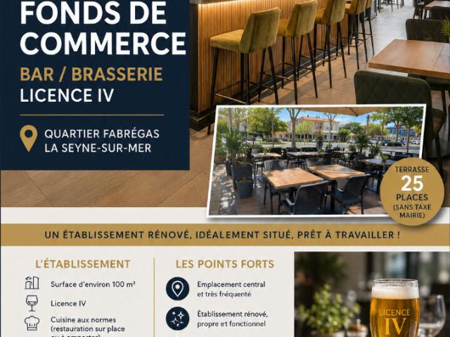 A VENDRE FONDS DE COMMERCE BAR BRASSERIE AVEC LICENCE IV OUVERT EN JOURNEE UNIQUEMENT QUARTIER FABREGAS LA SEYNE SUR MER