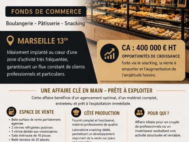 A VENDRE FONDS DE COMMERCE BOULANGERIE PATISSERIE SNACKING DE 131 M2 AVEC PARKING CLIENTS MARSEILLE