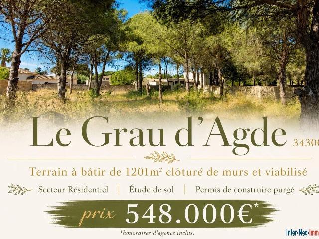 A Vendre Le Grau d'Agde 34300 Terrain à bâtir de 1201m² viabilis