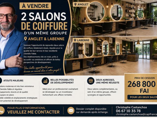 ✂️ À VENDRE – LOT DE 2 SALONS DE COIFFURE ANGLET & LABENNE
