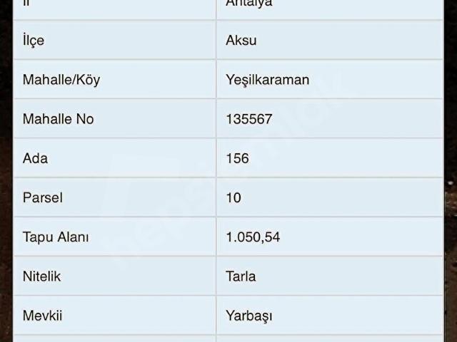 A YATIRIMDAN AKSU YEŞİLKARAMAN DA SATILIK 1050 M2 TARLA
