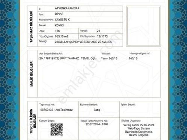 Afyon Dinar Komple Ciftlik Tapu Sahibi Perta Emlak Ümit Tahmaz