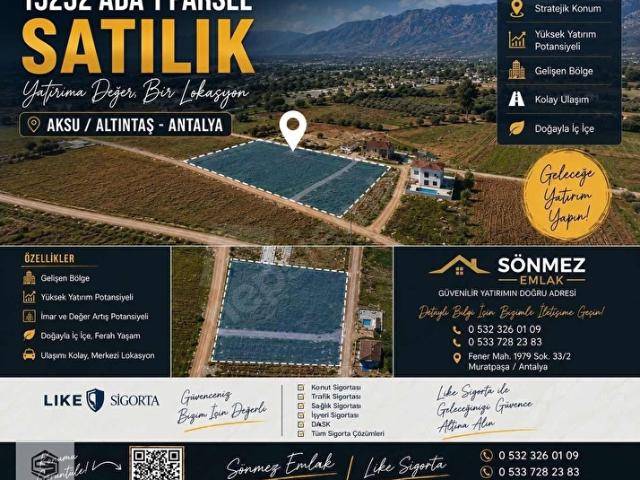 Aksu Altıntaş Köşe Parsel 1330 m2 Satılık