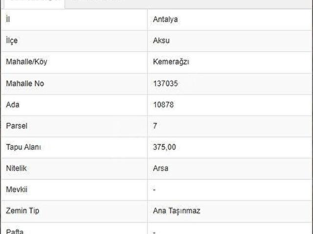Aksu Kemerağzı 375m2 İmarlı Satılık Arsa