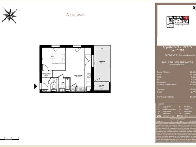 Annemasse A vendre T2 de 42.46 m² Rez de jardin
