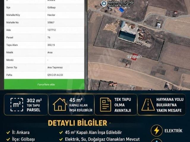 ANKARA GÖLBAŞI HACILAR MAHALLESİ'NDE YATIRIM DEĞERİ YÜKSEK TEK TAPU PARSEL