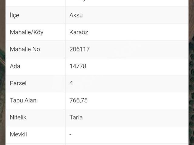 Antalya Aksu satılık tarla 2 700 000