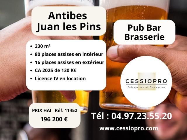 Antibes juan les pins, Pub bar brasserie, 230m2, bail neuf tout commerce, terrasse