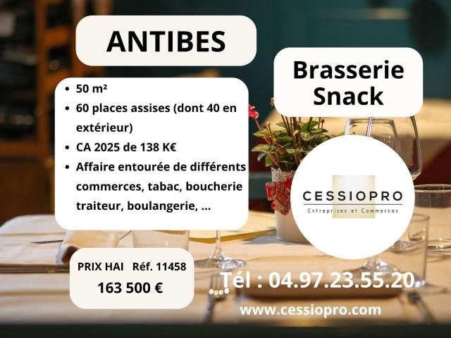 ANTIBES, quartier connu et réputé, brasserie snack, terrasse, proche d’un lycée, bonne clientèle
