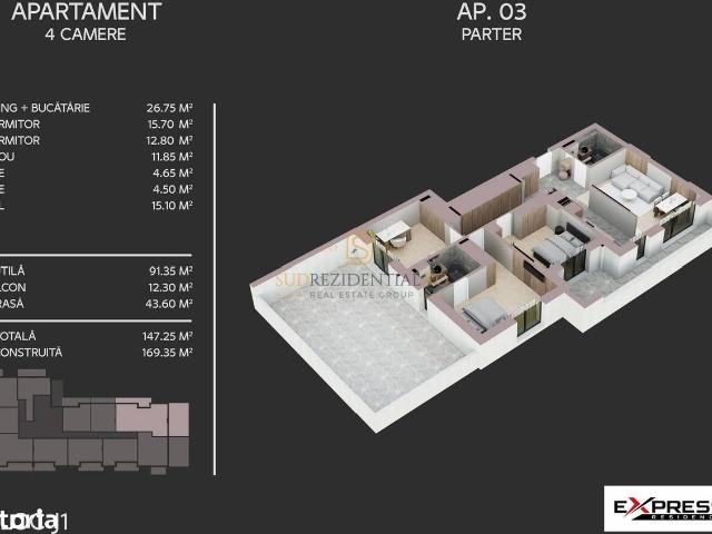 Apartament modern cu 4 camere, terasa 43.60 mp, Express Metalurgiei