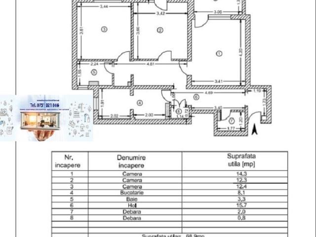 Apartament cu 3 camere, Micro 14, 76mp
