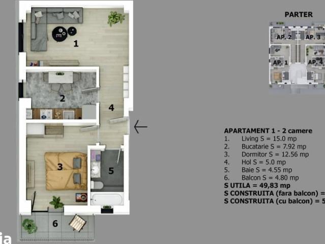 2 camere, apartament de vanzare Ilfov judet, Strada Fagului 8352 •