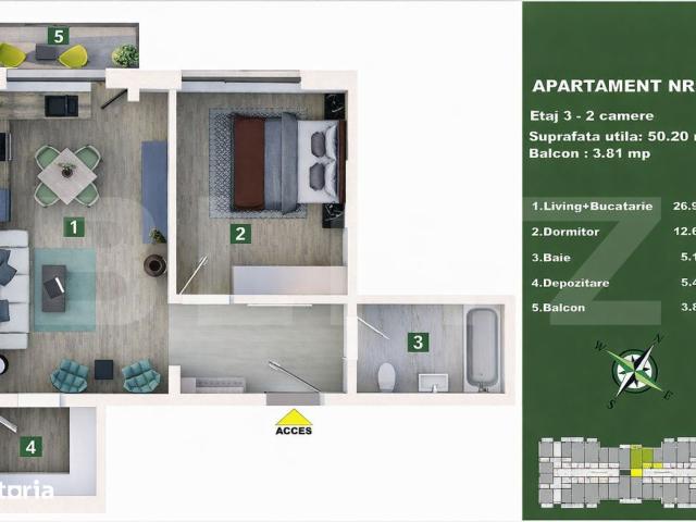 Apartament 2 camere, living cu bucatarie open space, balcon – 50 mp