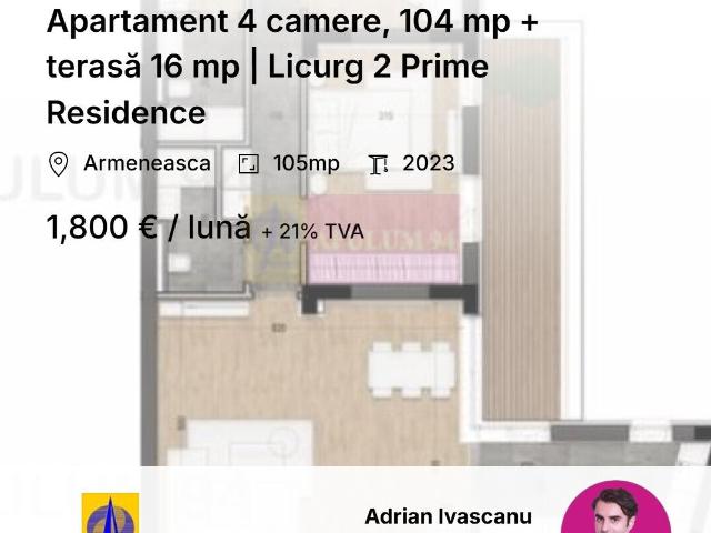 apartament 4 camere, 104 mp + terasă 16 mp | licurg 2 prime residence