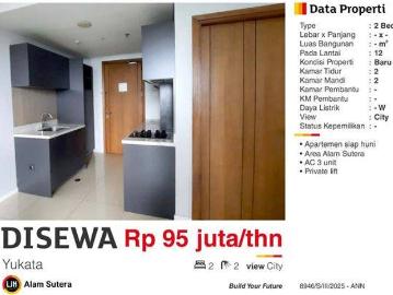 Apartemen disewa di Alam Sutera, Tangerang