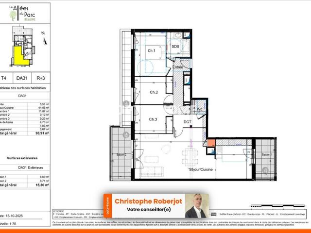 Appartement 4 pièces de 94m2 avec 2 balcons et 2 parkings privatifs à côté du Parc St Jacques à Beaune