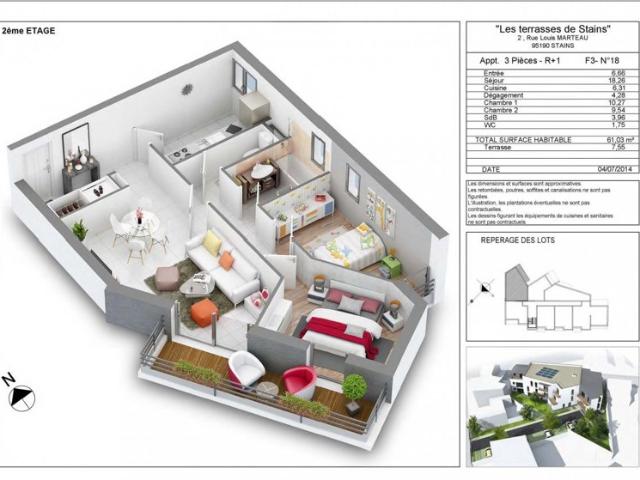 Appartement 61 m2 3 pièces