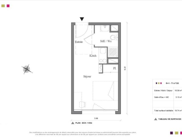 Appartement 1 pièce 19.74m²