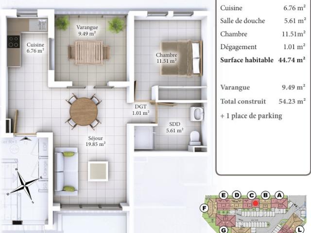 Appartement 2 pièces 45 m²