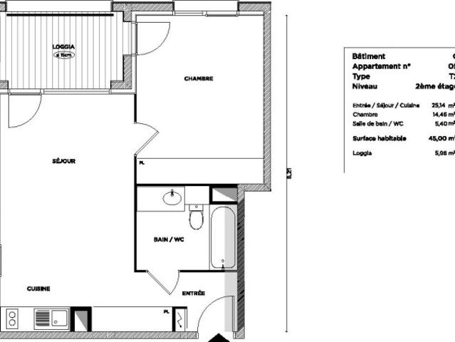 Appartement 2 pièces 45m²