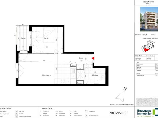 Appartement 2 pièces de 44,97 m2 avec balcon Programme neuf 15ème Merveille Paris 15EME