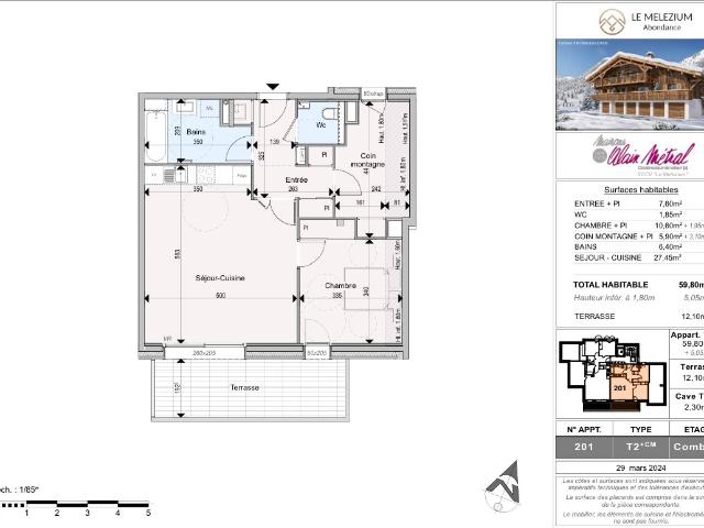 Appartement 2 pièces de 64m² + Terrasse, Parking, Cave, Gara. 65m² Abondance