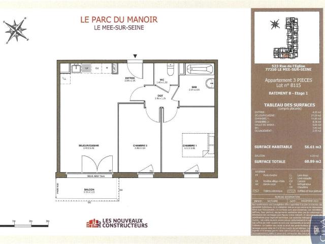 Appartement 3 pièces 57 m²