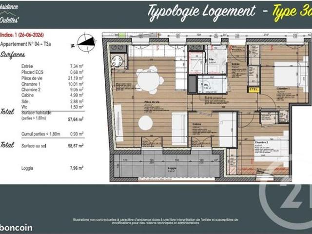 Appartement 3 pièces 57 m²