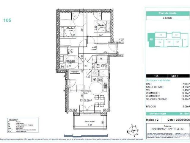 Appartement 3 pièces 57 m²