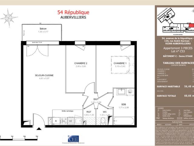 Appartement 3 pièces 56 m²