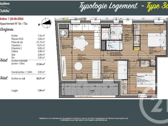 Appartement 3 pièces 58 m²