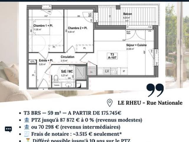 Appartement 3 pièces 59 m²