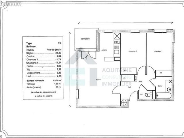 Appartement 3 pièces 63 m²