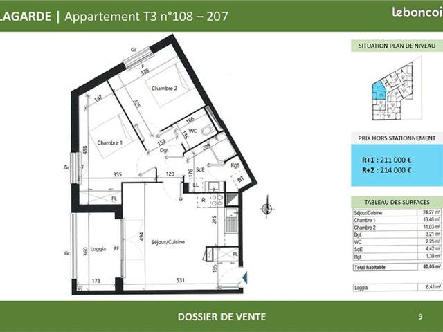 Appartement 3 pièces 60 m²