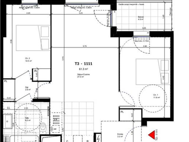 Appartement 3 pièces 61 m²