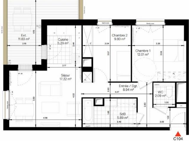 Appartement 3 pièces 61 m²